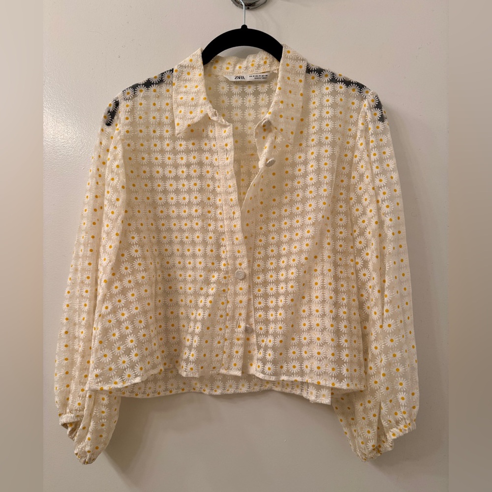 Zara Cream Black Boxy Blouse with Notched Collar